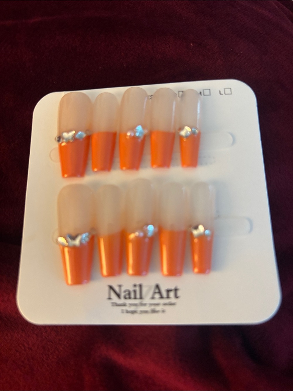 Orange French Tip Press-On Nails with Rhinestone Accent